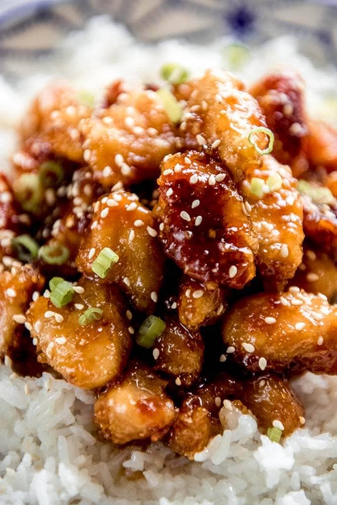 close up of honey crispy chicken from the slow cooker