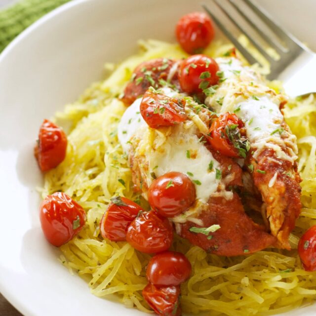 Slow Cooker Chicken Parmesan with Spaghetti Squash and Balsamic Roasted ...