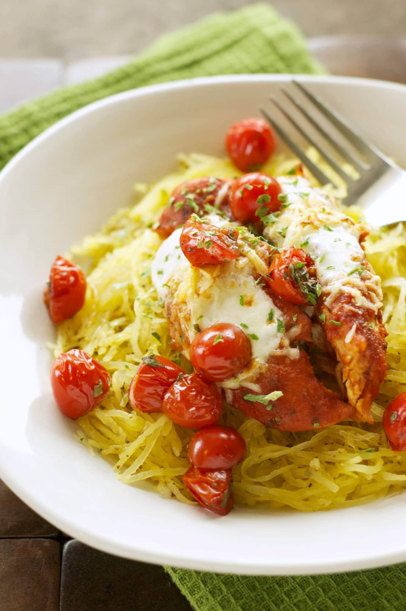 Slow Cooker Chicken Parmesan with Spaghetti Squash and Balsamic Roasted Tomatoes