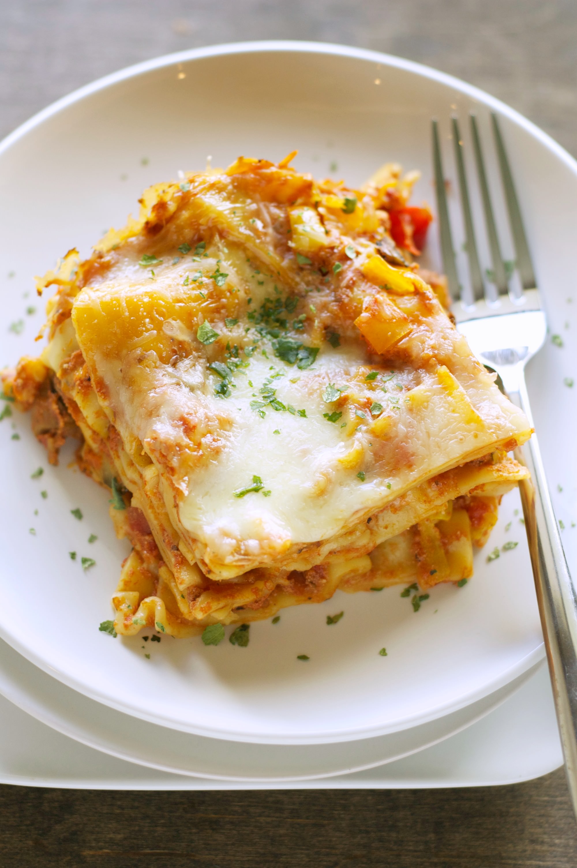 Slow Cooker Veggie Lasagna on white plate 