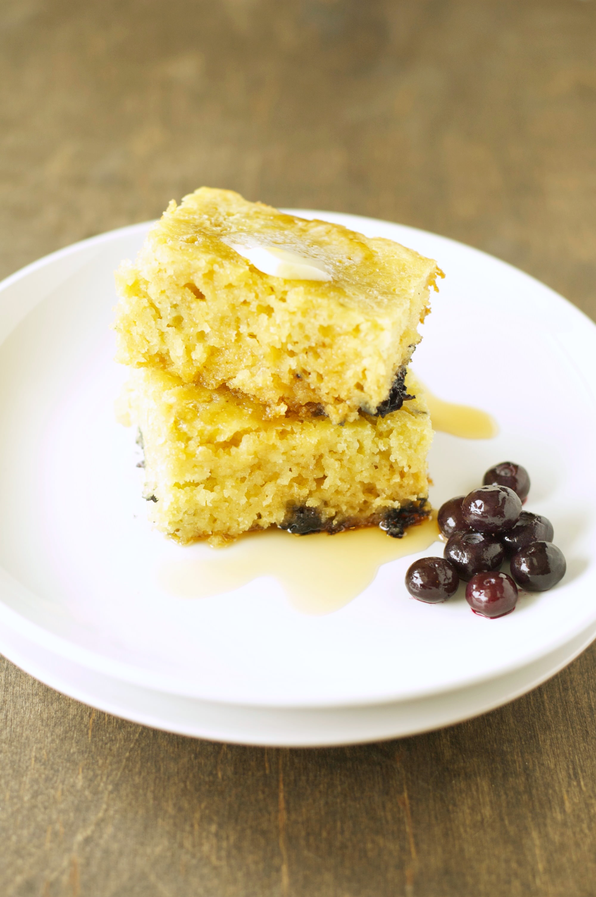 Slow Cooker Blueberry Vanilla Pancakes on white plate 