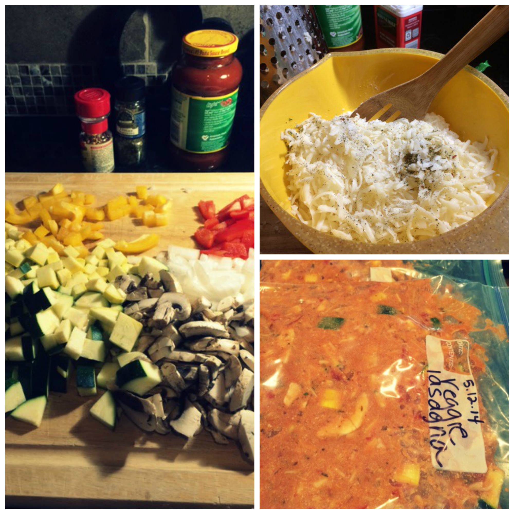 Three picture collage of chopped veggies, cheese mixture and bagged freezer meal 