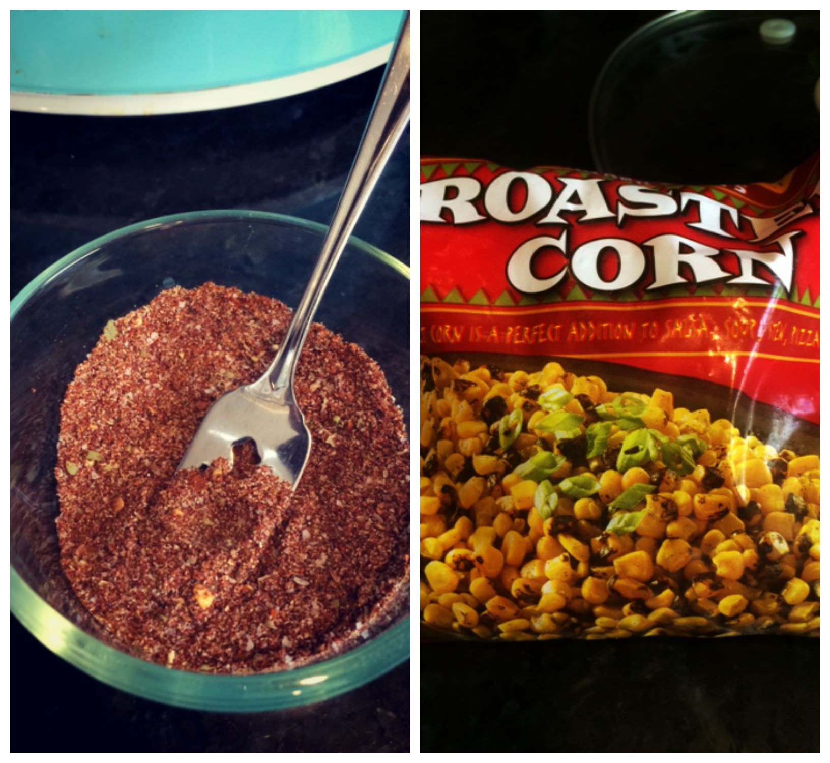 bowl of seasoning and package of roasted corn