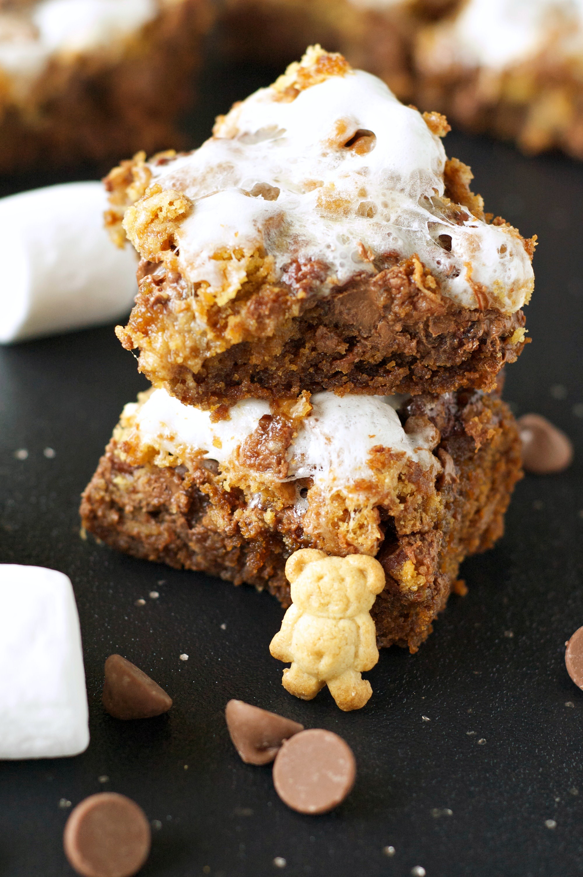 2 cookie bars with teddy grahams, marshmallows and chocolate chips