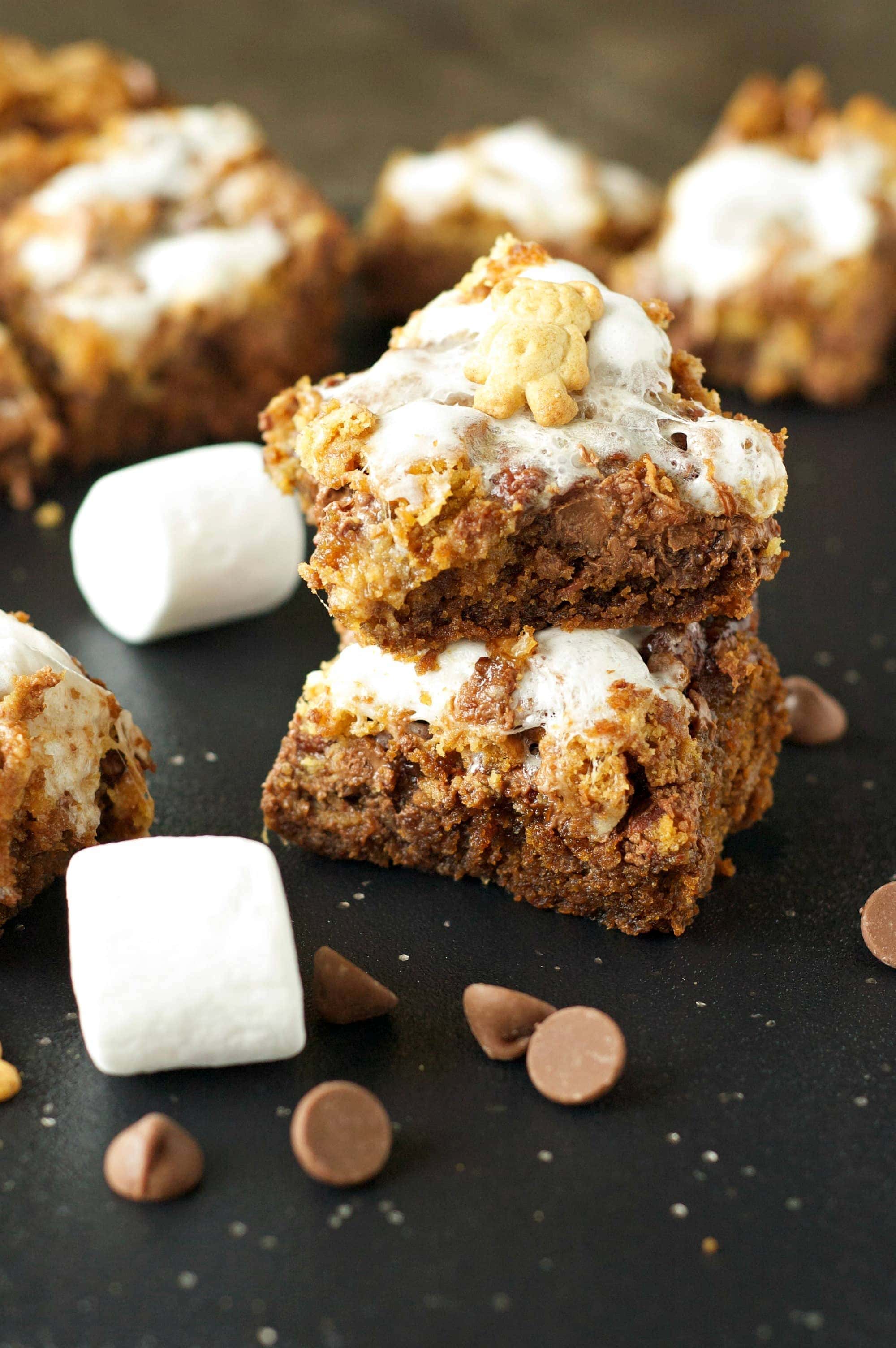 2 cookie bars with teddy grahams, marshmallows and chocolate chips