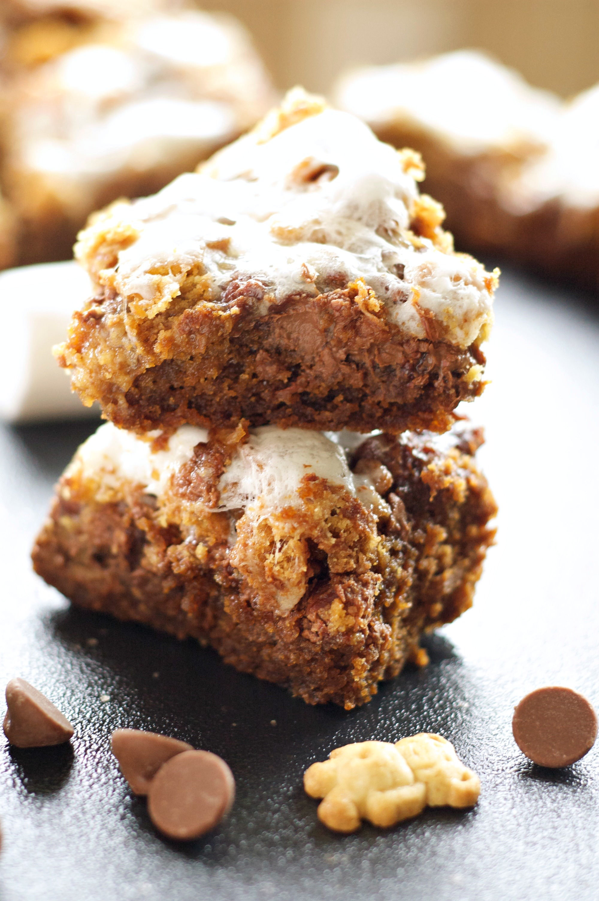 2 cookie bars with teddy grahams, marshmallows and chocolate chips