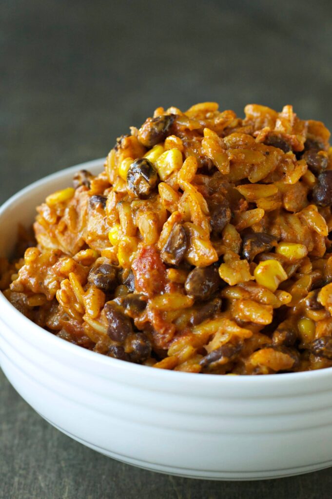 Slow Cooker Enchilada Pasta in white bowl