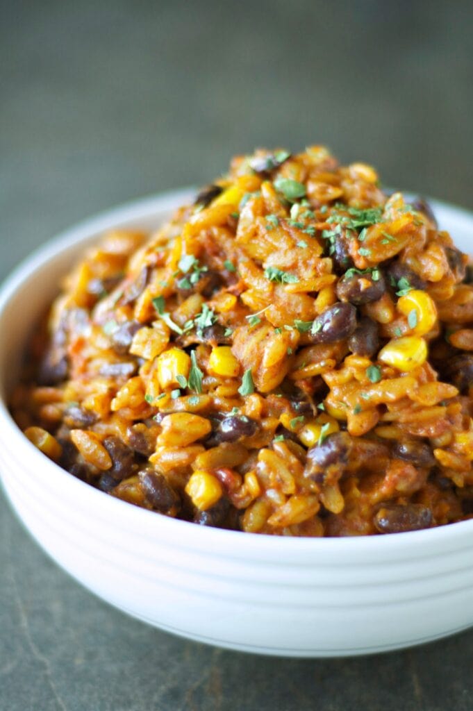 Close up of Slow Cooker Enchilada Pasta in white bowl