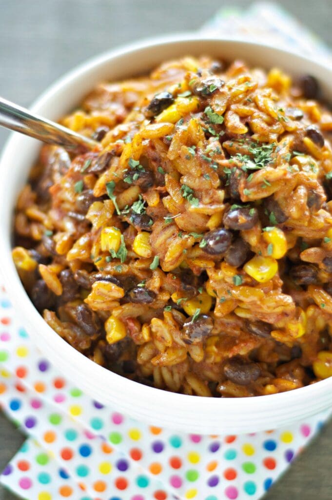 Top view of Slow Cooker Enchilada Pasta in white bowl 