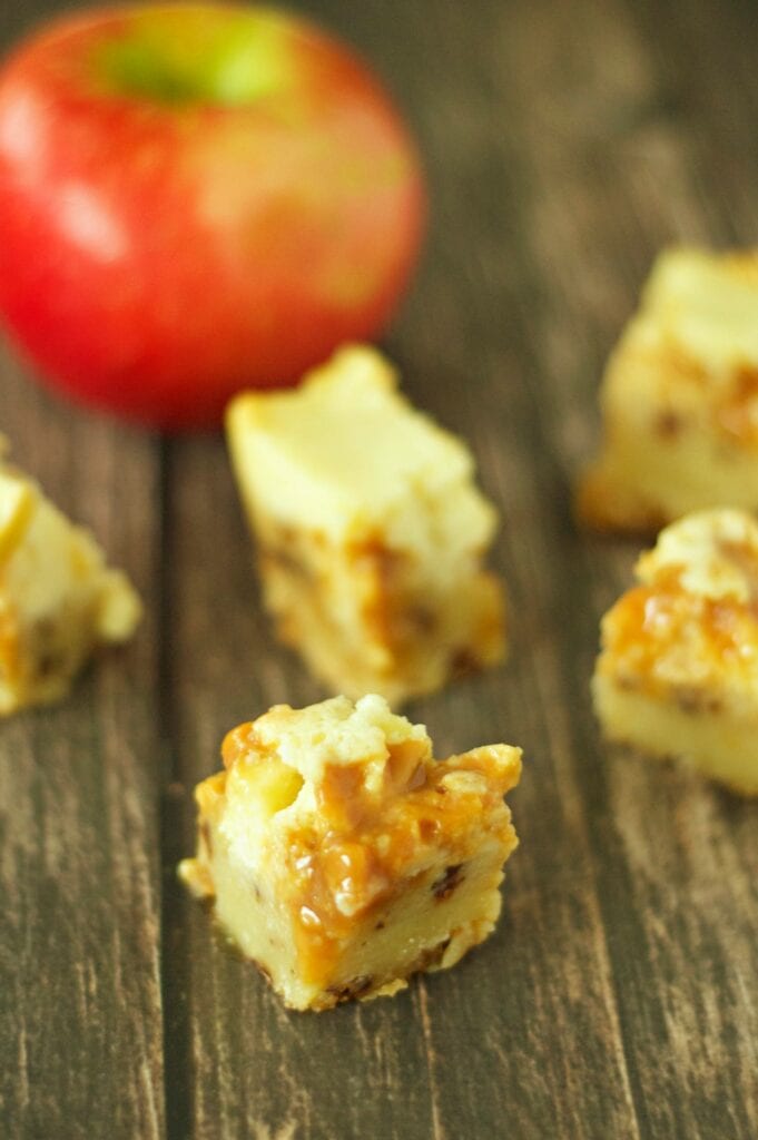 Slow Cooker Caramel Apple Cheesecake Bites with apple