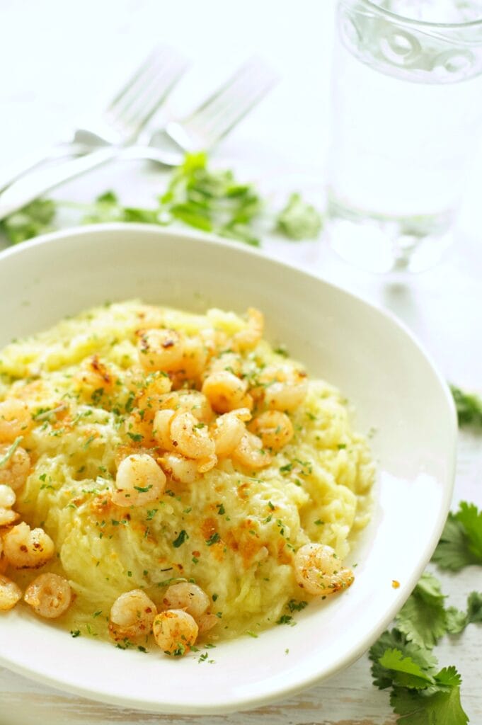 Slow Cooker Spaghetti Squash with shrimp in white bowl