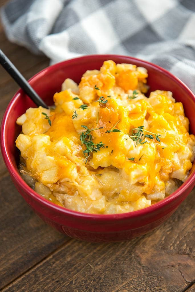 Slow Cooker Cheesy Potatoes with Caramelized Onion and Bacon