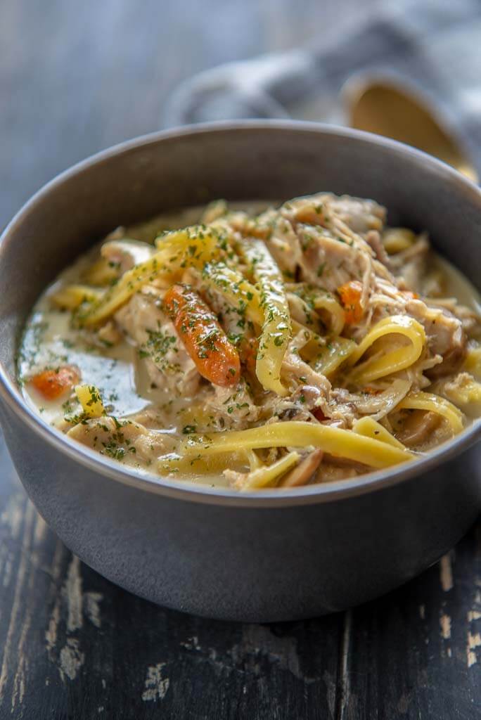 Slow Cooker Creamy Chicken Noodle Soup in a gray bowl topped with parsley