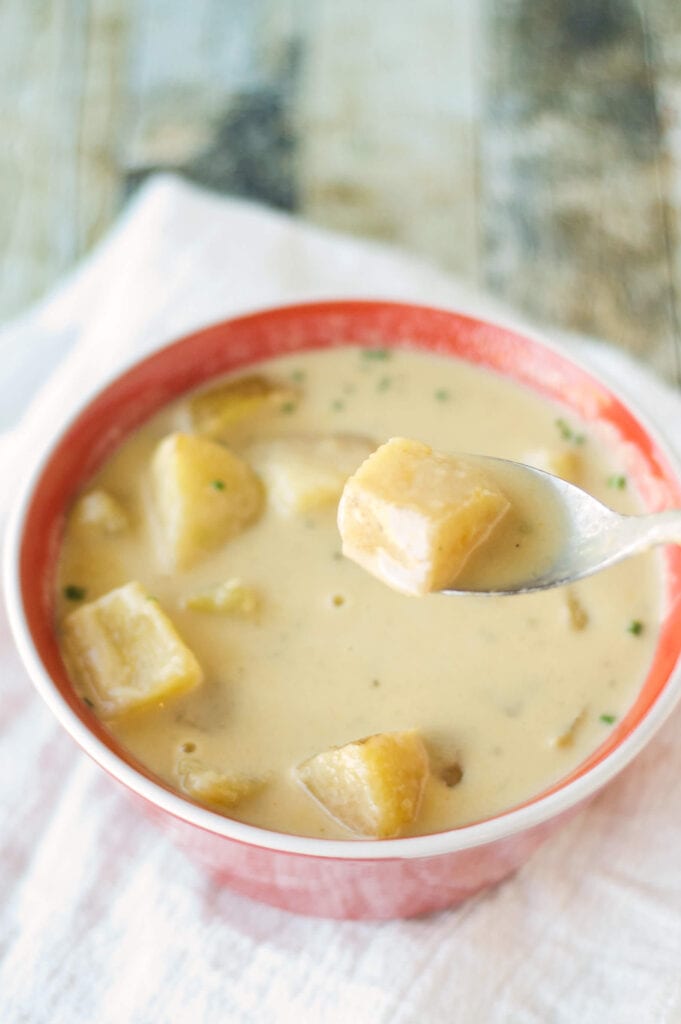soup with potatoes in red bowl with spoon