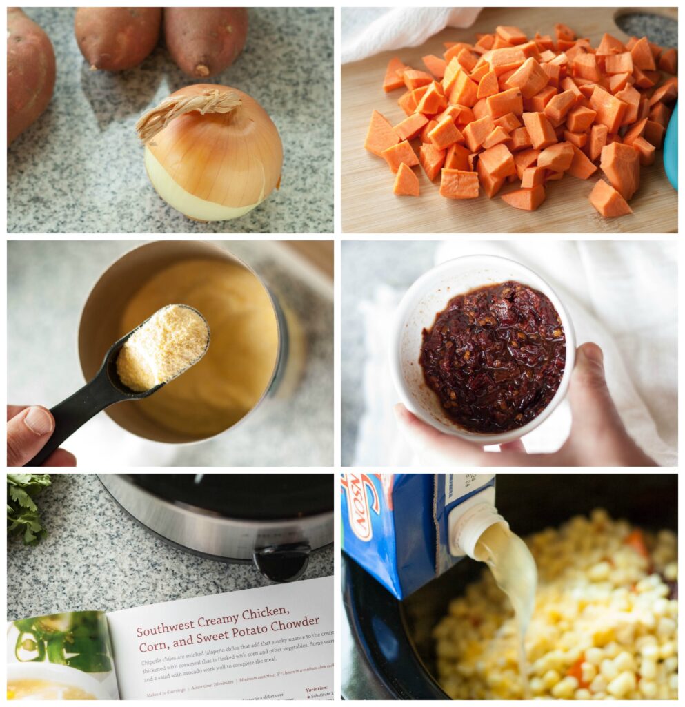 collage of sweet potato chowder instructions