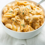 Slow Cooker Buffalo Chicken Mac and Cheese in a white bowl