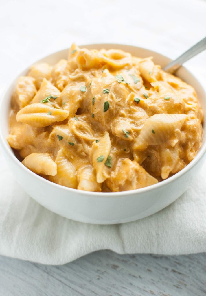 Slow Cooker Buffalo Chicken Mac and Cheese in a white bowl