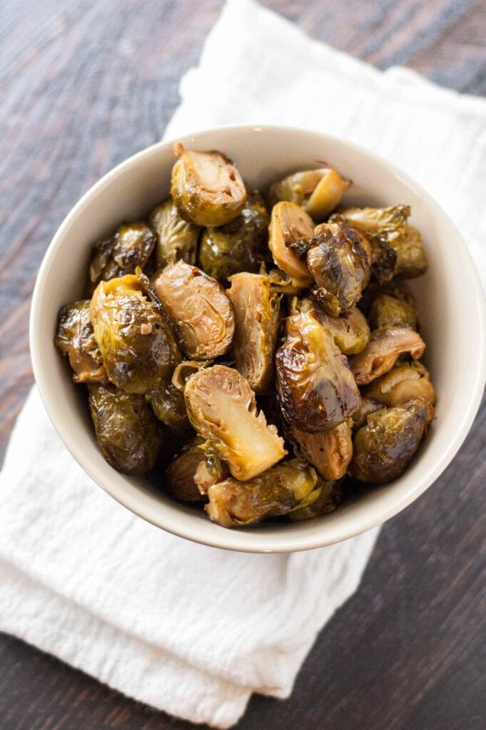 Overhead view of Slow Cooker Roasted Brussels Sprouts in bowl