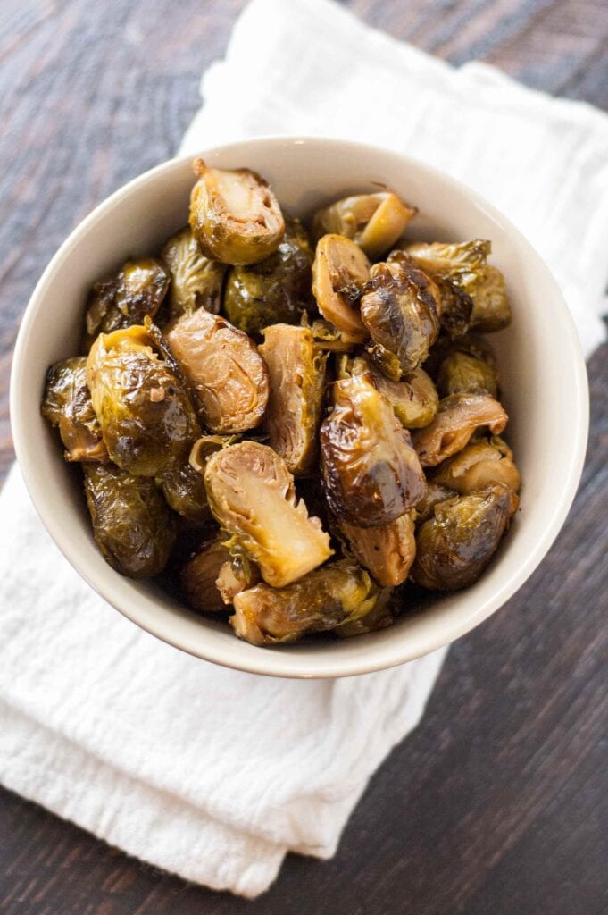 Overhead view of Slow Cooker Roasted Brussels Sprouts in bowl