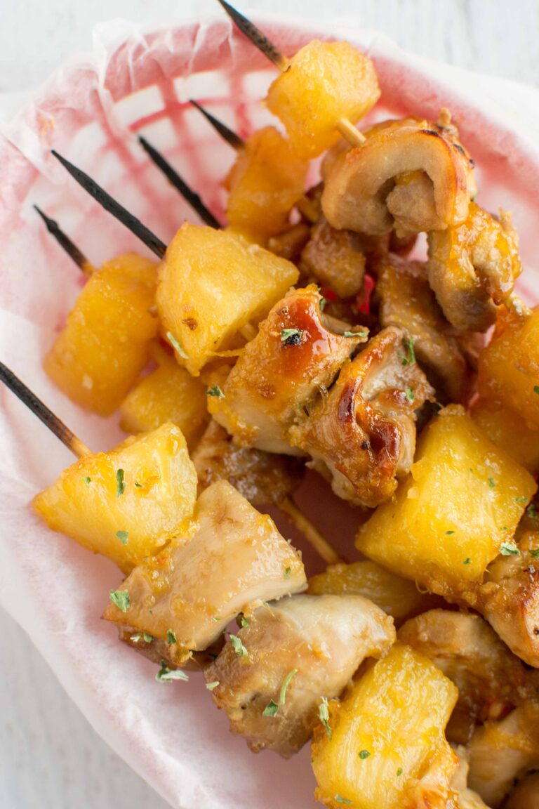 Slow Cooker Peach Habanero Glazed Pineapple Chicken Skewers