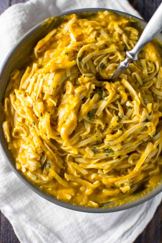 butternut squash linguine in gray serving bowl with spoon 