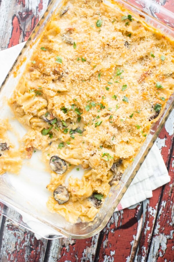 five cheese chicken bacon pasta in glass baking dish 