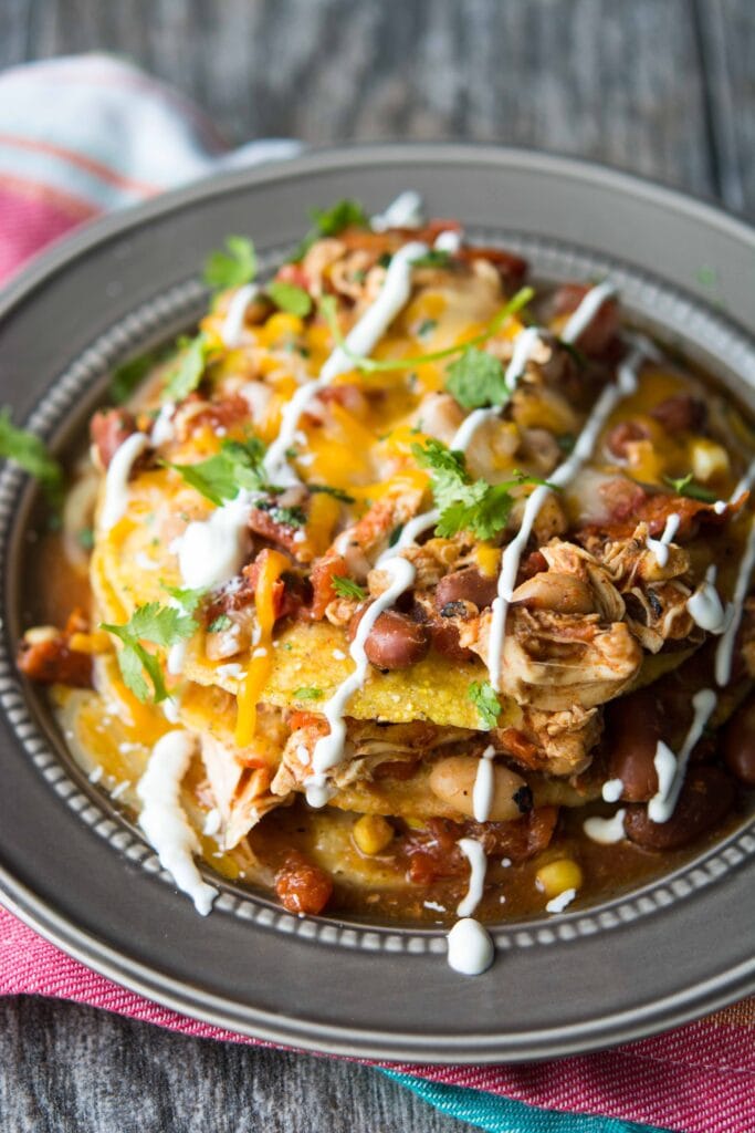 Slow Cooker Mexican Chicken Chili Tostada Stacks