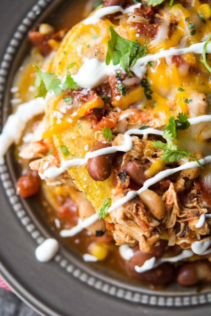 Slow Cooker Mexican Chicken Chili Tostada Stacks