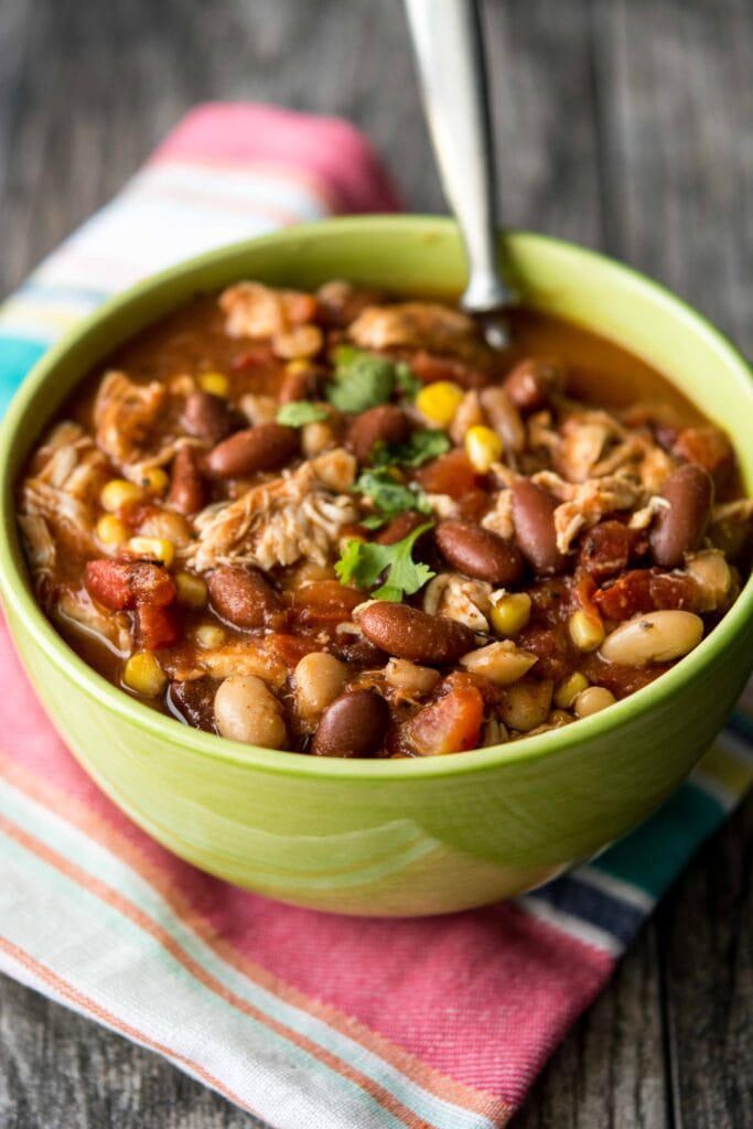 Slow Cooker Mexican Chicken Chili Tostada Stacks