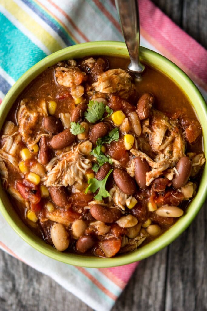 Slow Cooker Mexican Chicken Chili Tostada Stacks