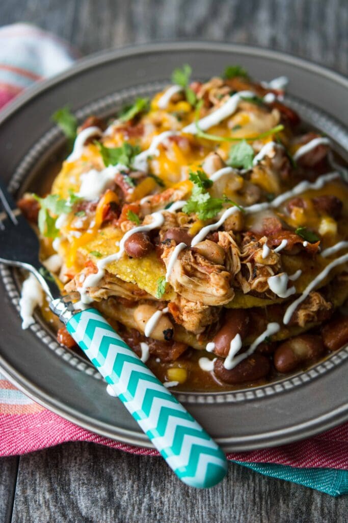 Slow Cooker Mexican Chicken Chili Tostada Stacks