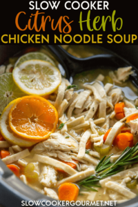 Slow Cooker Citrus Herb Chicken Noodle Soup is the perfect cure for boring chicken noodle soup. With carrots, herbs and fresh citrus juicy this soup makes a great lunch or dinner year round. #slowcooker #chickennoodlesoup