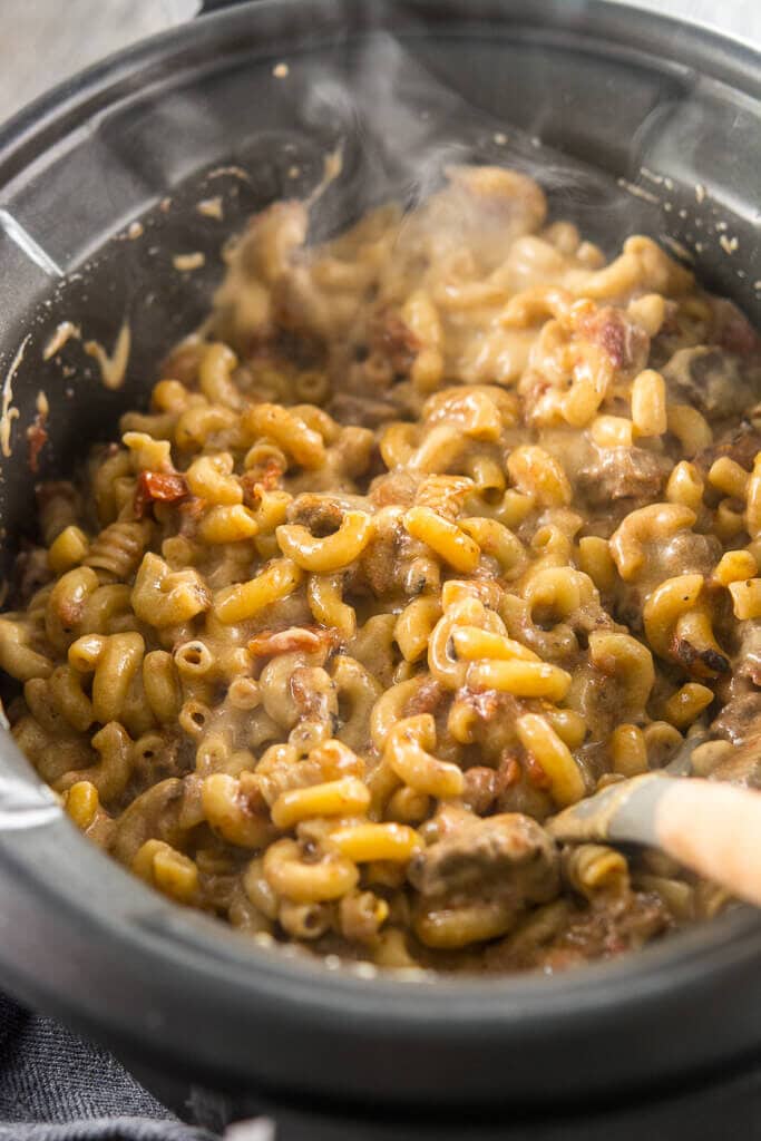 Piping hot Slow Cooker Beer Mac & Cheese in the slow cooker