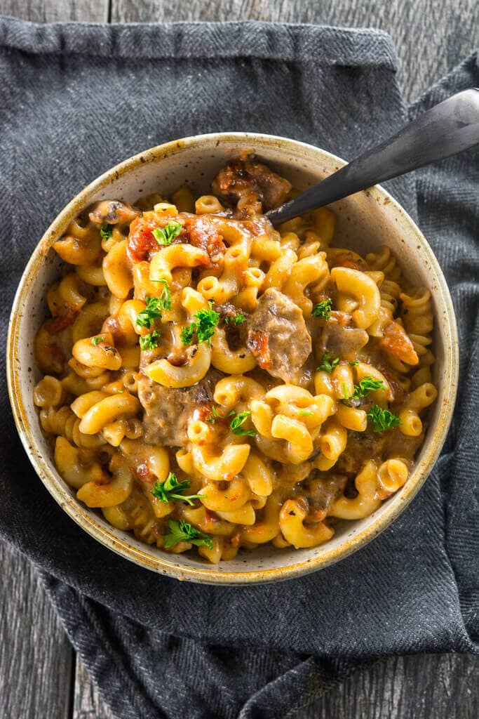 Overhead shot of Slow Cooker Beer Mac & Cheese