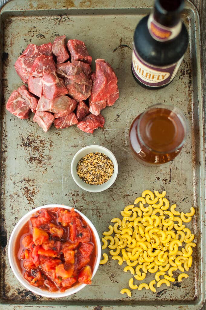 Overhead photo of ingredients to make Slow Cooker Beer Mac & Cheese