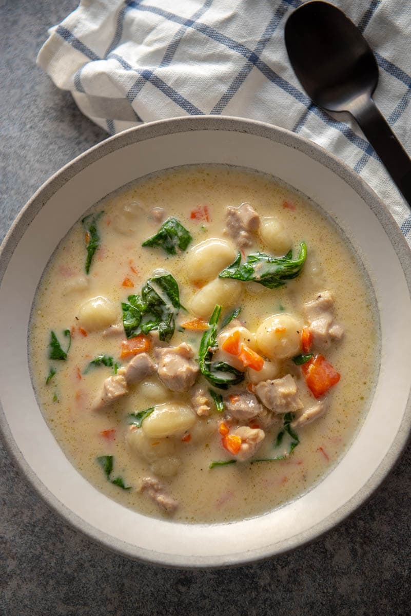 chicken and gnocchi soup in bowl