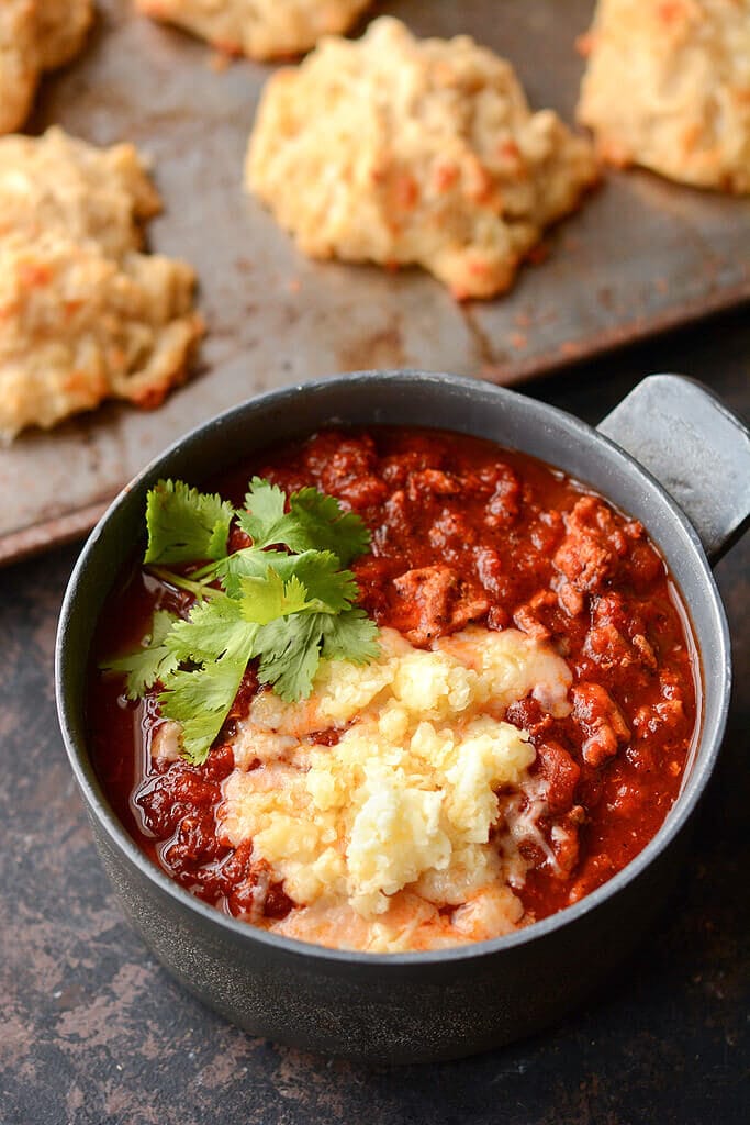 Slow Cooker Spicy Chicken Chili with Beer Biscuits