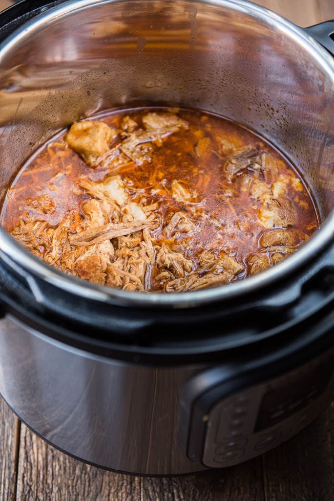 Pressure Cooker Pulled Pork ready to eat in the Instant Pot