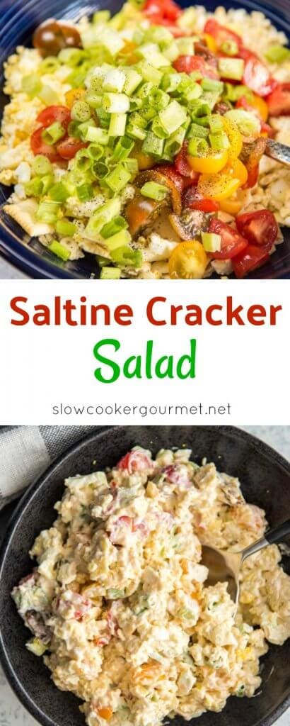 Saltine Cracker Salad may sound unusual but is so easy and delicious! Hard boiled eggs, saltine crackers, tomatoes and mayo form the base of your new favorite side dish!