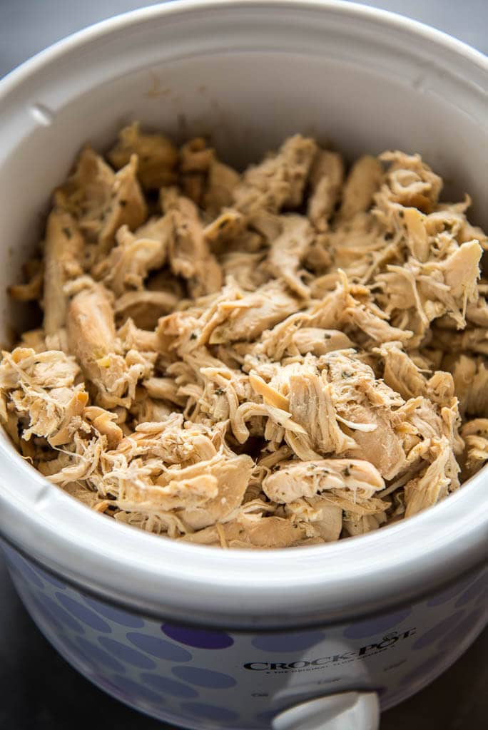 Slow Cooker Cilantro Lime Chicken shredded in the slow cooker