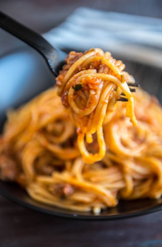 A forkful of Veggie Packed Instant Pot Spaghetti with Meat Sauce