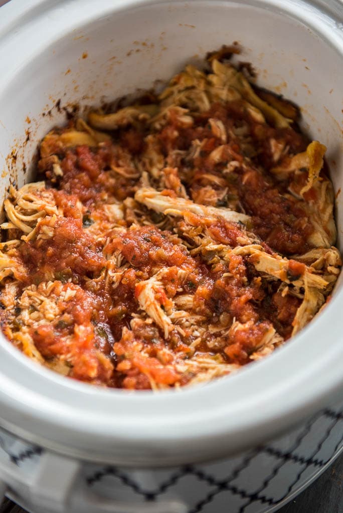 Shredded Chicken in the slow cooker after making Slow Cooker Salsa Chicken