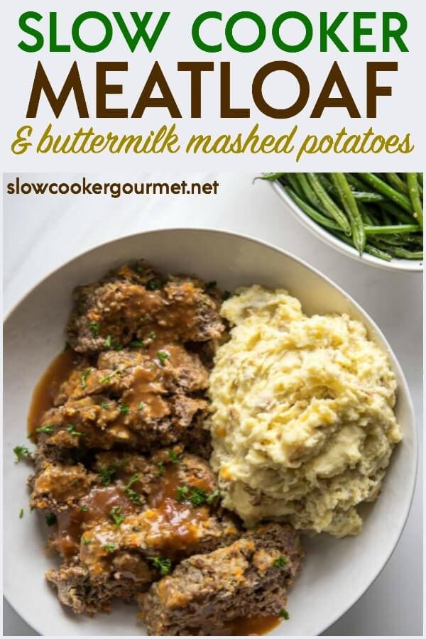 If you need an easy slow cooker meatloaf recipe, I have the perfect one for you! It's delicious and satisfies your craving for comfort food when paired with creamy slow cooker mashed potatoes. #meatloaf #mashedpotatoes #slowcooker #slowcookerrecipe #crockpot