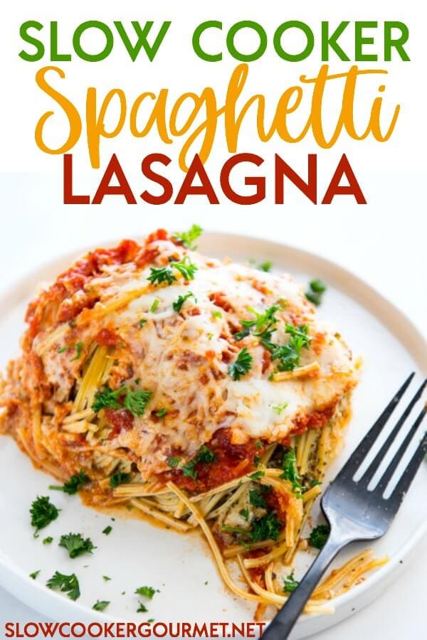 Slow Cooker Spaghetti Lasagna is a super simple way to get your lasagna fix without spending hours of your day in the kitchen! Layers of pasta, sauce, and cheese topped off with yet more cheese, this recipe is absolutely delicious! #pasta #pastarecipe #lasagna #vegetarian #vegetarianrecipe #slowcooker #slowcookerrecipe #slowcookerpasta #italianfood