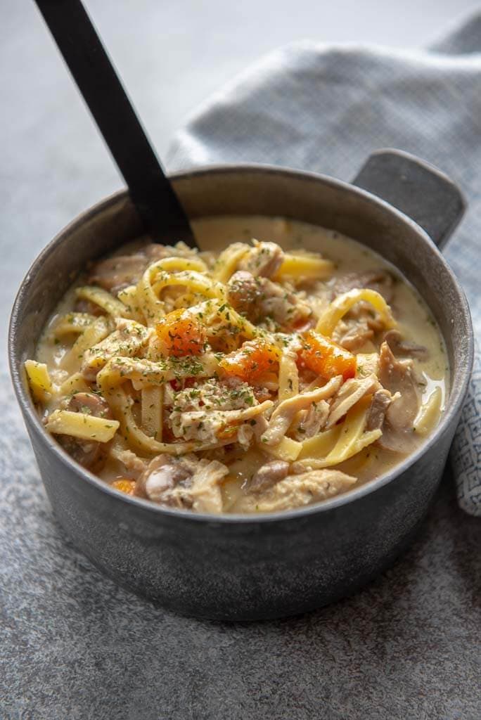 instant pot creamy chicken noodle soup in a metal bowl
