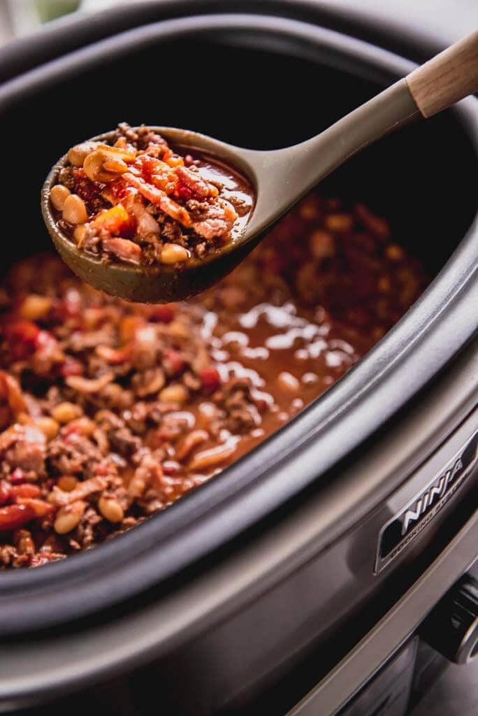 slow cooker full of maple bacon chili