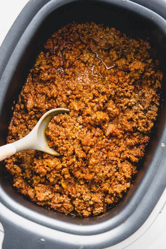 slow cooker full of sloppy Joe meat