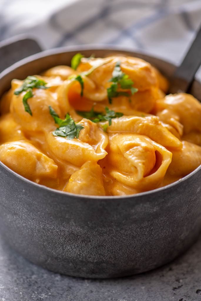 buffalo chicken Mac and cheese with shell pasta in gray metal bowl 