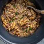 beef and noodles in a round slow cooker