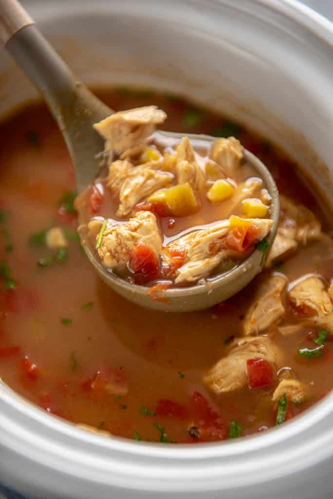 ladle full of slow cooker spicy chicken soup